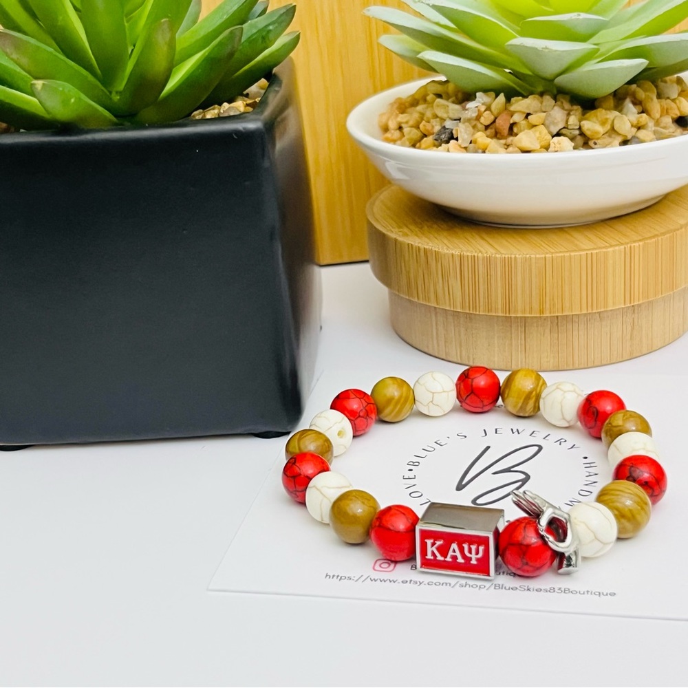 Kappa Alpha Psi Red and white Turquoise and Woodgrain Jasper Beaded Bracelet